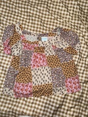 Wurl Patchwork Floral Peasant Top in Pink, Cream & Brown